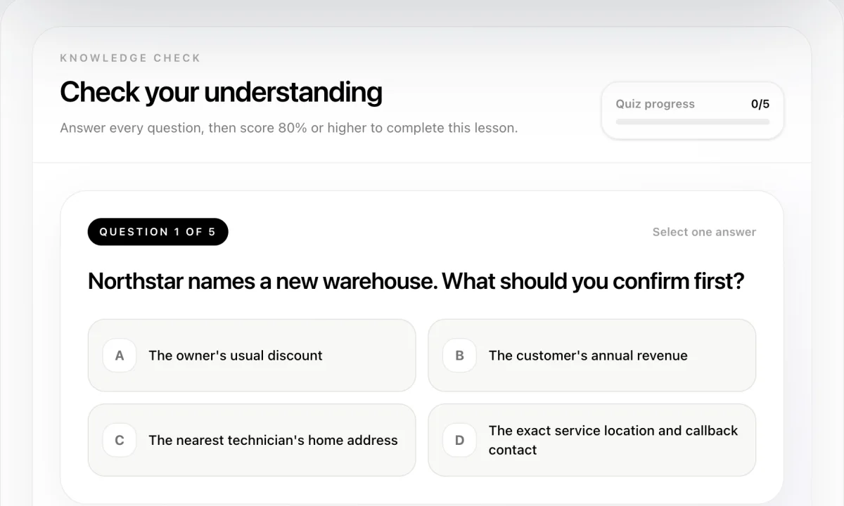 MindPave knowledge check asking an employee to confirm the right service location and callback contact.